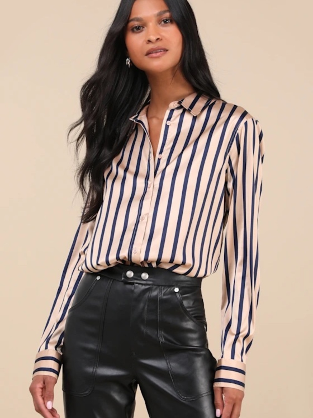Lulus Composed Essence Tan and Blue Striped Satin Button-Up Top